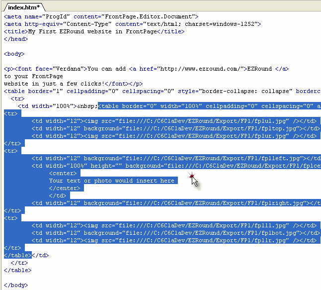 The FrontPage HTML view after pasting the EZRound code in place